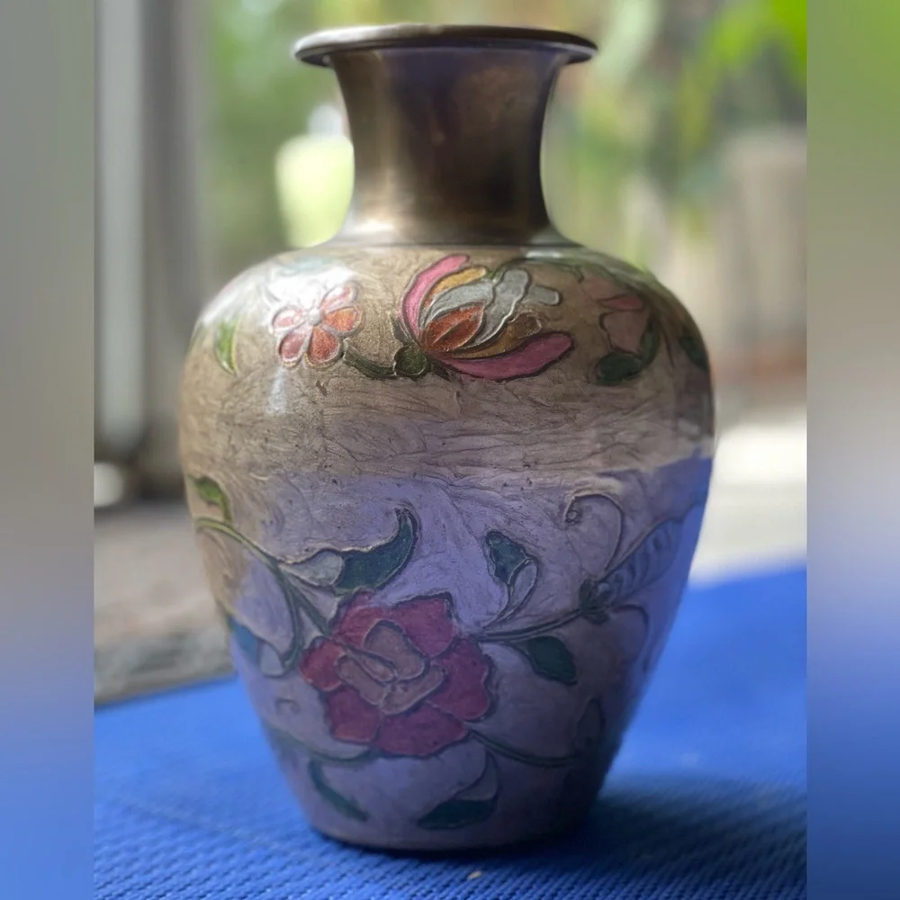 Brass Vase Painted Cloissan Floral Unbranded 9